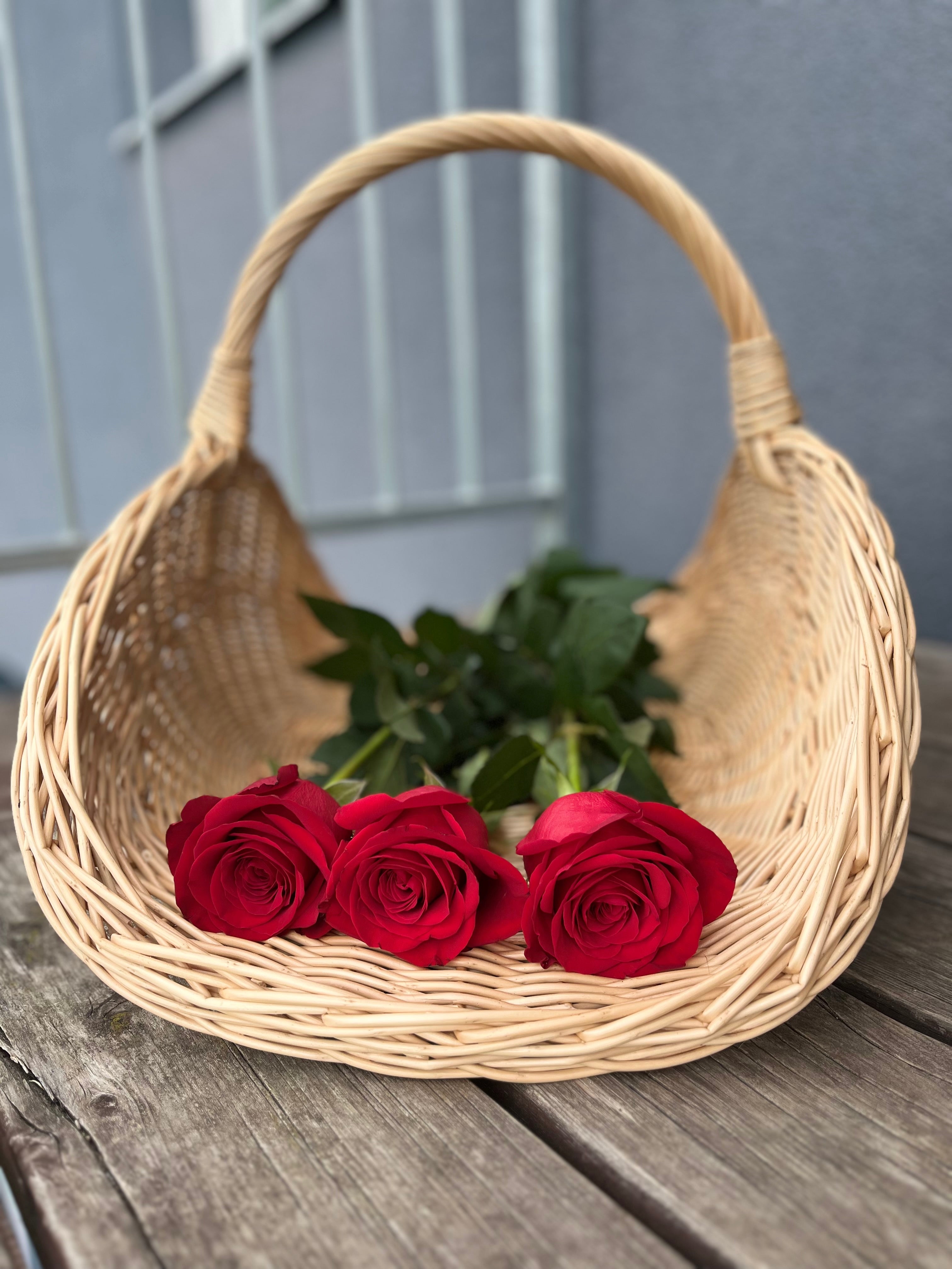 Large Wicker Flower Basket — handle and rim detail
