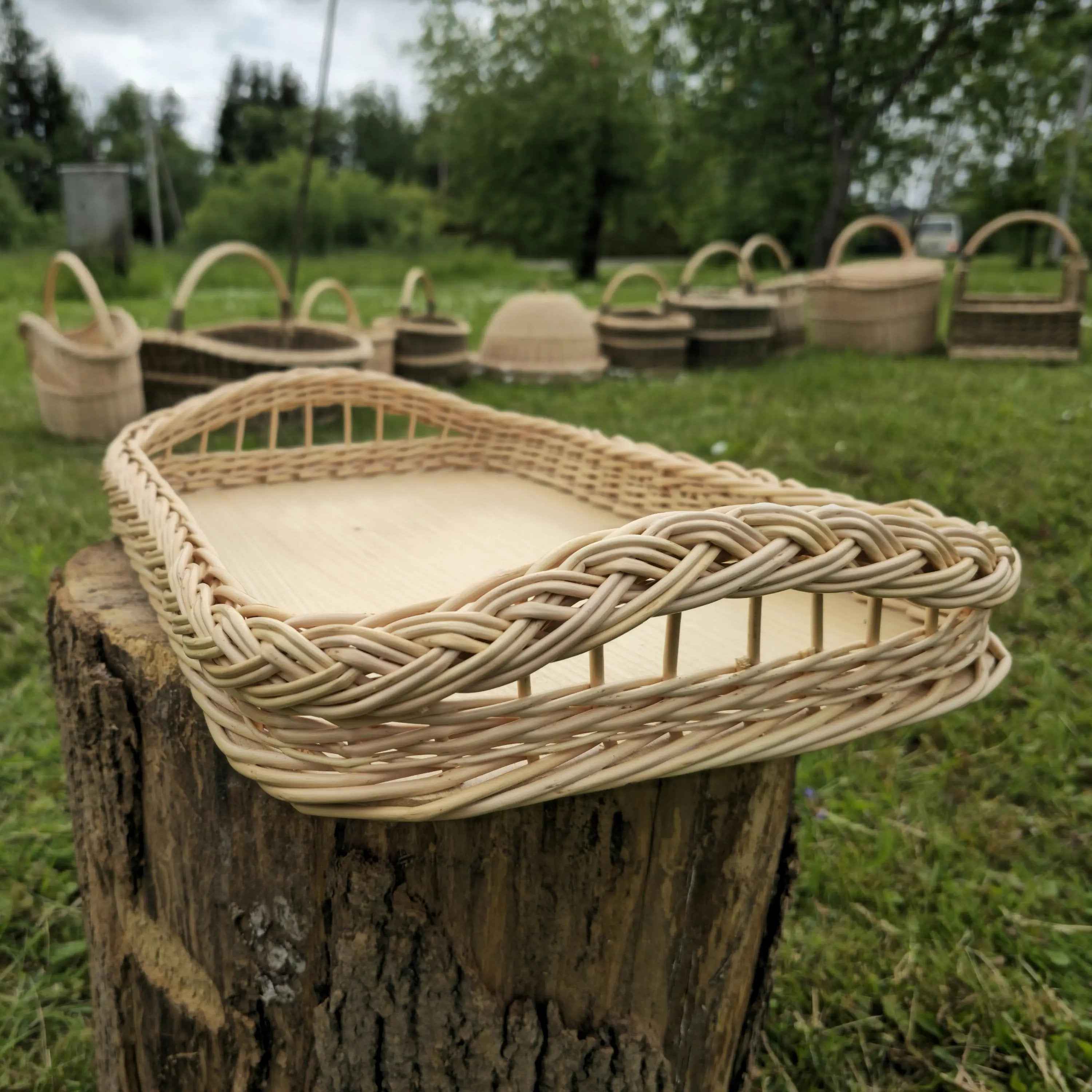 Handwoven Willow Tray in Gold / Light wood — handmade wicker tray